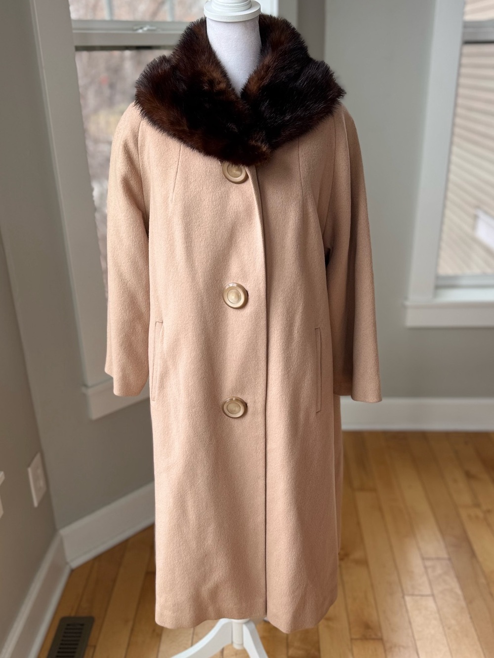 Vintage 50s 60s Camel Wool Dress Coat with Dark Brown Fur Collar